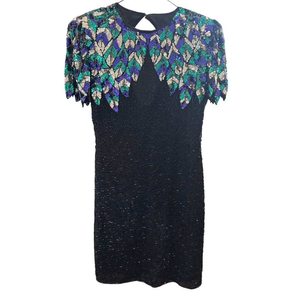 Vintage Scala Beaded Sequin Silk Cocktail Dress Sz Med Blk Grn Blue 80s Keyhole